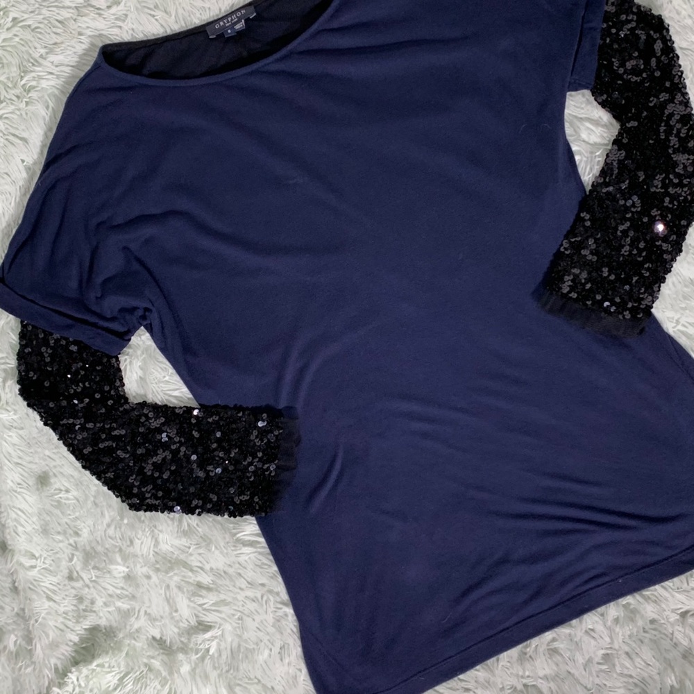 Gryphon navy black sequin sleeves top